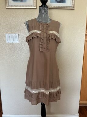 Jenny Han Taupe Silk Blend Beaded Ruffle Dress Size M/L